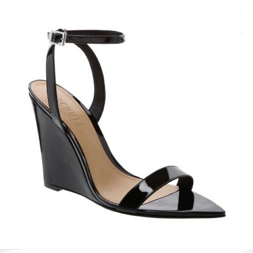 Schutz Raquel Wedge Black Patent Sandals NWOB
